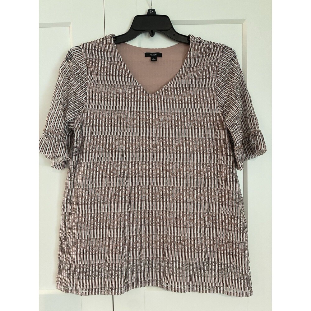 Alfani Pink White Gray Women’s Top Size M V-neck Bell Sleeve Cottage Lined Lacy